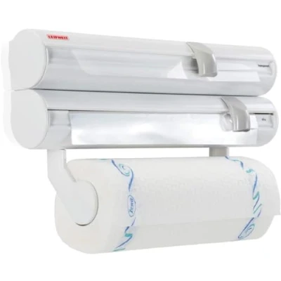 Imagen de Leifheit portarrollos de pared Rolly Mobil ComfortLine con extraíble, sujeta rollos cocina, triple cuchillas afiladas, Color Blanco/Gris, 44 x 14 45 cm