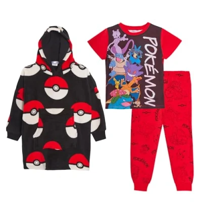 Imagen de conjunto de pijama 3 piezas Pokémon para niños + sudadera con capucha gran tamaño, ropa dormir forro polar a juego, multicolor, 13 años