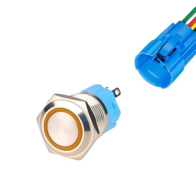 Imagen de Gebildet 16mm Momentáneo Pulsador de Botón Acero Inoxidable, Impermeable ON/OFF 12V 24V 5A LED 1NO1NC SPDT Temporal con Enchufe Cable(LED Naranja)