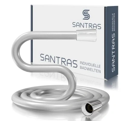 Imagen de SANTRAS® Manguera de ducha cromado PREMIUM 1,00 m con ahorrador agua Particularmente flexible y a prueba torsión LIMITADOR FLUJO hecha material Easy Clean