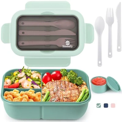 Imagen de Fiambrera,1250ml Lunch Box caja bento a prueba de fugas para niños adultos,recipiente alimentos con 3 compartimentos y juego cubiertos,lonchera comidas aptos microondas lavavajilla