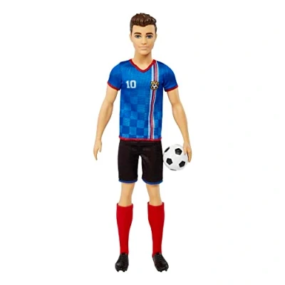 Imagen de Barbie Profesiones Ken Futbolista Camiseta Azul Muñeco con Uniforme de fútbol y balón, Juguete +3 años (Mattel HCN15)