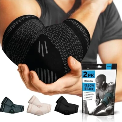 Imagen de POWERLIX Codera para hombres/mujeres, 2 paquetes de coderas compresión, codo tenista, golfista, mangas soporte protección deportiva y alivio del dolor, Negra, M
