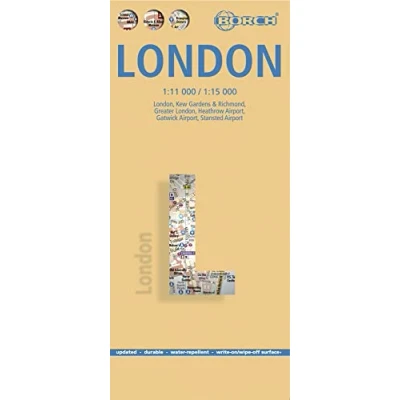 Imagen de Londres, plano callejero plastificado. Escala 1:11.000/1:15.000. Borch.: London, Kew Gardens &amp; Richmond, Greater Heathrow Airport, Gatwick Stansted Airport (Borch Map)
