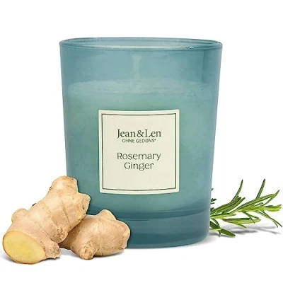 Imagen de Jean&amp;Len vela aromática de romero y jengibre, para veladas acogedoras en casa, hecha a mano con aroma herbáceo fresco elegante recipiente cristal, vegana, 120 g
