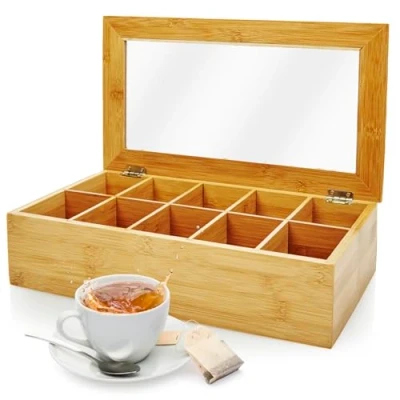 Imagen de Lumaland Caja para Té e Infusiones de Bambú Madera Bolsas con 10 Compartimentos Material Sostenible, Duradero y Decorativo