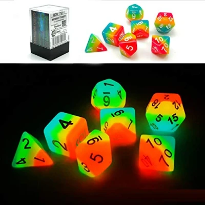 Imagen de Bescon Fantasy Rainbow Glowing Polyhedral Dice 7pcs Set Midnight Candy, Luminous RPG Glow in Dark, Novelty DND Game d4 d6 d8 d10 d12 d20 d% Brick Box