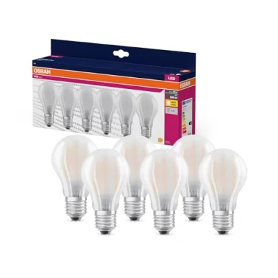 Imagen de OSRAM LED Star VALUE A60, paquete de 6 bombillas, reemplaza bombillas incandescentes tradicionales 60W, blanco cálido (2700K), 6.5W, casquillo E27, vidrio filamento, no regulable
