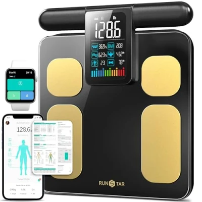 Imagen de Runstar báscula para peso corporal y porcentaje de grasa, digital alta precisión 8 electrodos medición composición IMC 20, inteligente baño con pantalla