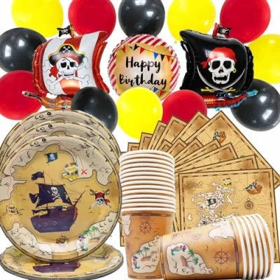 Imagen de Doyomtoy 75 Piezas Vajilla fiesta Pirata,Globos pirata Set tema Decoracion de cumpleaños Pirata,globos,platos,servilletas,vasos papel,para infantil