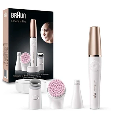 Imagen de Braun FaceSpa Pro 912 Depiladora facial con 3 accesorios, color blanco y bronce