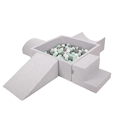 Imagen de KiddyMoon Parque Infantil De Espuma con Cuadrada Piscina Bolas (300 Bolas) para Niños, Gris Claro: Blanco/Gris/Menta