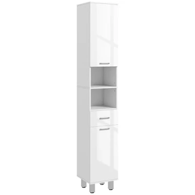 Imagen de kleankin Mueble Auxiliar Baño Moderno Armario de con 1 Cajón 3 Estantes Ajustables y 2 Armarios Almacenaje para Salón Dormitorio 30x30x180 cm Blanco Brillante