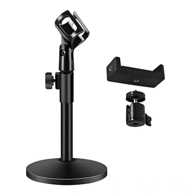Imagen de Getaria Pie de micrófono sobremesa, soporte sobremesa multifuncional ajustable 3 en 1 con pinza para micrófono, teléfono móvil, adaptador metálico (Base Redonda)