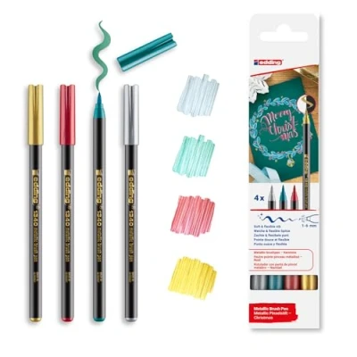 Imagen de edding 1340 rotulador metálico set de Navidad 4 rotuladores punta pincel flexible 1 6 mm brillante para escribir, dibujar y hacer bocetos alta opacidad incluso en papel oscuro