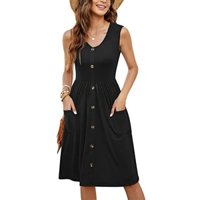 Imagen de MOLERANI Vestido Negro para Mujer Verano sin Mangas Plisado Botón Abajo Swing Casual con Bolsillo (Negro, M)