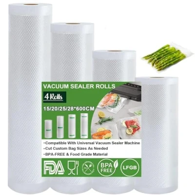 Imagen de Omtofo Bolsas de envasado al vacío,15/20/25/28 x 600cm/rollo, vacío para Alimentos, sin BPA, 150 µm, Rollo lámina Todas Las envasadoras vacío, microondas y Sous