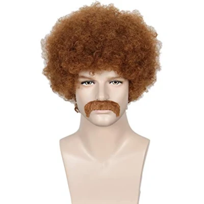 Imagen de Linfairy Disfraces Cortos de los años 80 Para Hombre, Peluca y Bigote Disfraz Halloween, Rizada