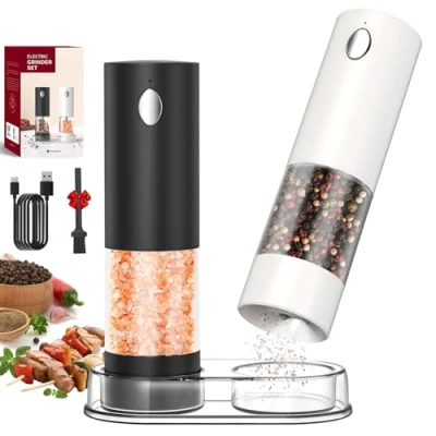 Imagen de CIRCLE JOY Juego de Molinillos Pimienta Eléctricos Recargables Especias con Base, Recipiente Transparente Lavable 95ml, Luz LED Blanca y Aspereza Ajustable, Negro Blanco