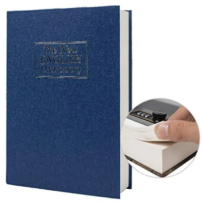 Imagen de caja de almacenamiento papel real, fuerte secreta diccionario con cerradura código/llave, oculta libro abatible (combinación M, azul)