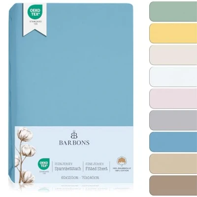 Imagen de Juego de Sábanas Bajeras para Cuna 60x120 / 70x140 Algodón 100% Certificado Oeko Tex Ajustables y Transpirables Ideal el Descanso Natural tu Bebé Azul 60 x 120 cm 70 140