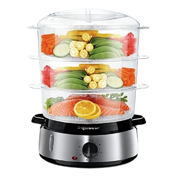 Imagen de Aigostar Fitfoodie Steel Vaporera eléctrica 800W, 9 L Vaporiera, 3 recipientes Independientes, Cuenco para Preparar arroz, timer 60 minuti, Livello Di Acqua Visibile, Libre de BPA