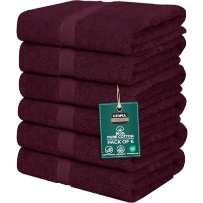Imagen de Utopia Towels Paquete de 6 Juego Toallas baño, 100% algodón Hilado en Anillo (60 x 120 CM) Alta absorción, Secado rápido, Hotel, SPA y baño Primera Calidad (Borgoña)