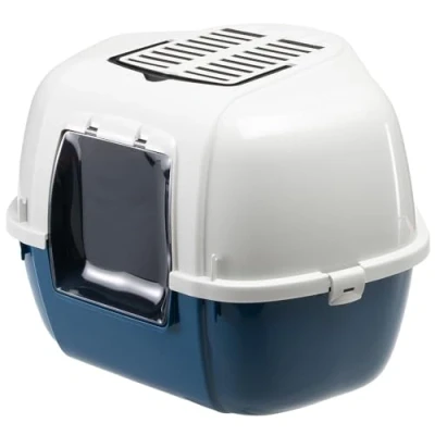 Imagen de Ferplast Arenero Gatos Cubierto, Gato, 2 Filtros de Carbón Activado Antiolor Incluidos, Puerta Oscura abatible, 57,5 x 51,5 xh 42 cm, para Grande Mika, Azul