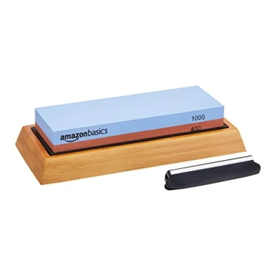 Imagen de Amazon Basics Piedra de afilar cuchillos doble cara, grano 400/1000 con base bambú antideslizante, color azul y rojo, 18 x 6,1 2,8 cm