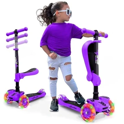 Imagen de 14 Wheeled Scooter for Kids Stand &amp; Cruise Child/Toddlers Toy Folding Kick Scooters w/Adjustable Height, Anti Slip Deck, Flashing Wheel Lights, Boys/Girls 2 12 Year Old Hurtle