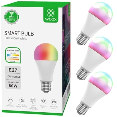 Imagen de WOOX Bombillas inteligentes WiFi que cambian de color, funcionan con Amazon Alexa, Tuya y Google Home (paquete 3 unidades E27)
