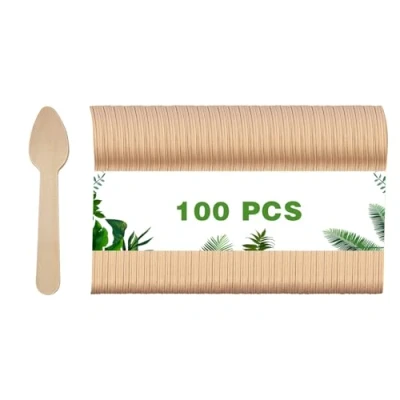 Imagen de Dazkzooy Cucharas de café madera desechables, 100 pequeñas madera, Cubiertos desechables，biodegradables, ideales para fiestas y eventos