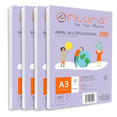 Imagen de Paquete de folios A3 200gr con 1000 Hojas Blancas, Papel Multifuncional para Uso Escolar y Entornos Laborales. Ideal impresoras láser, inyección o fotocopiadoras Ofituria