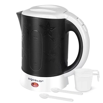 Imagen de Aigostar Cooltravel Hervidor de Agua Compacto 0,6 Litros, Libre BPA, 650W, Apagado Automático, Protección Contra la Ebullición en Seco. Incluye dos tazas y cucharas, Negro