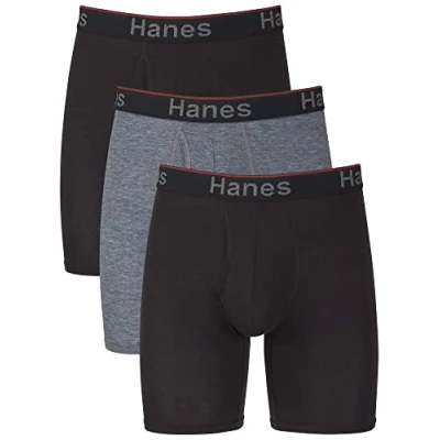 Imagen de Hanes Calzoncillos Tipo bóxer para Hombre, Ajuste Flexible, Soporte Total, Paquete de 3 Ropa Interior, Pierna Larga Gris/Negro, XXXL (Pack 3)
