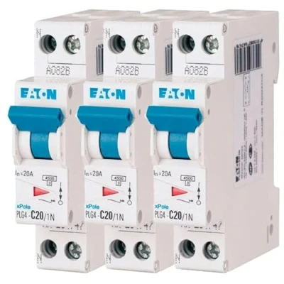 Imagen de EATON 264747 PLG4 C20/1N Disyuntor modular PH/N Blanco Mando Azul 1P+N/20 A Curva C Conexión de tornillo 3 disyuntores