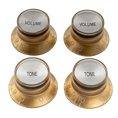 Imagen de Musiclily Pro Imperial Pulgadas Tamaño Botones de Potenciómetros Reflector 2 Volumen Tono Perillas Set para Guitarra Eléctrica USA Made Les Paul SG, Oro con Plata Top