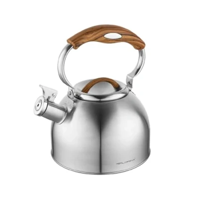 Imagen de FLORINA JOE Tetera (2,5 l) I de Acero Inoxidable Silbadora con Mango Soft Touch Elementos Decorativos Imitación Madera Cocina Inducción, Gas y Eléctrica Color: Plata