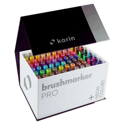 Imagen de KARIN Mega Box Plus 72 colores + 3 Blender, BrushMarker Pro Brushpen a base de agua adecuado para pintar, dibujar y escribir mano, multicolor, neón, incluidos 27C13
