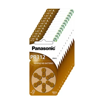 Imagen de Pilas de Zinc Aire Panasonic PR312 para audífonos, Tipo 312, 1,4 V, 10 Paquetes (60 Unidades), Color marrón