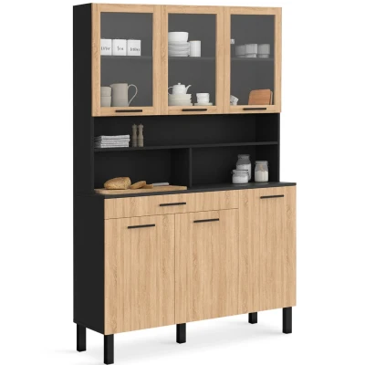 Imagen de Buffet de cuisine vaisselier 120 cm 6 placards + tiroir noir et bois façon hêtre