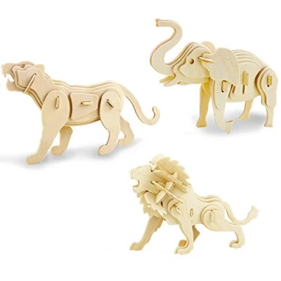 Imagen de Georgie Porgy Rompecabezas de Madera 3D Puzzle Modelo Colección Animales Juguete Construcción Kit Kids Jigsaw Toy Edad 5+ (3 Piezas) (Elefante + León Tigre)
