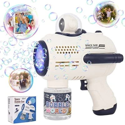 Imagen de Pistola de Burbujas para Niños, GuKKK Máquina Automática Silenciosa con Luces,Juguetes Soplador Eléctrico Portátil 100ml Solución,para Fiesta al Aire Libre Boda Cumpleaños