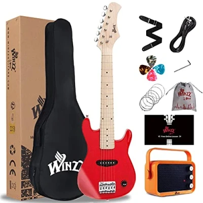 Imagen de Winzz 30 Pulgadas Guitarra Eléctrica Infantil Kit,Mini Electrica para Niños, Principiantes con Amplificador, Color Rojo