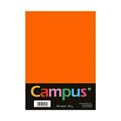 Imagen de Campus Papel de colores A4 100 Unidades, 80g/m², 210 x 297 mm. Papeles con tacto suave, perfectas para encuadernación, oficina, dibujo y manualidades. Color Naranja Neón