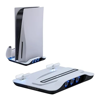 Imagen de Mcbazel Soporte Vertical Consola PS5 con Base de Carga Refrigeración, Multifuncional Luz LED Azul Dual Rápida para la Blanco(No Slim)