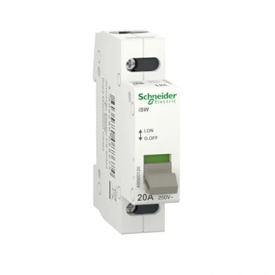 Imagen de Schneider Electric A9S60120 Acti9 iSW Interruptor, 1 Polo, 20A, 250V, 70mm x 18mm 77mm, Gris