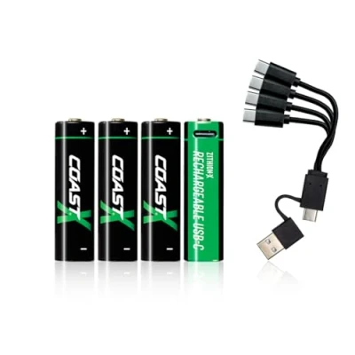 Imagen de Coast Pilas AA 1,5 V USB C de Iones Litio, 2400 mAh, Carga en 2,5 Horas, Larga duración, Cable Incluido, Paquete 4 Unidades