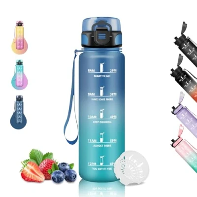 Imagen de Botella Agua 1 litro Gimnasio, Reutilizable con Filtro, Cantimplora Marca de Tiempo, Gym, A Prueba Fugas, para Yoga, Ciclismo, Correr, Azul Verde