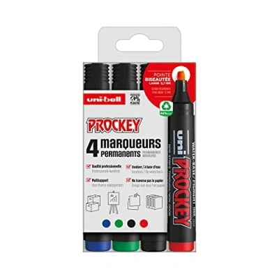 Imagen de Uni Ball Prockey Mitsubishi Pencil Rotulador permanente inodoro PM126 Multisoporte, base de agua, sin olor, punta biselada ancha 5,7 mm Paquete 4 colores